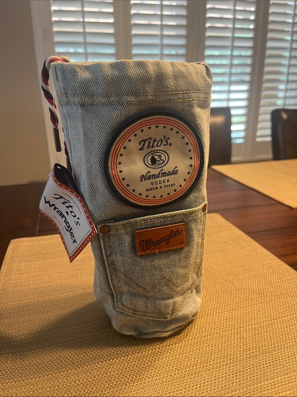 Item 52 Wrangler Light Blue Denim Bottle Sleeve with Tito's Tag prom